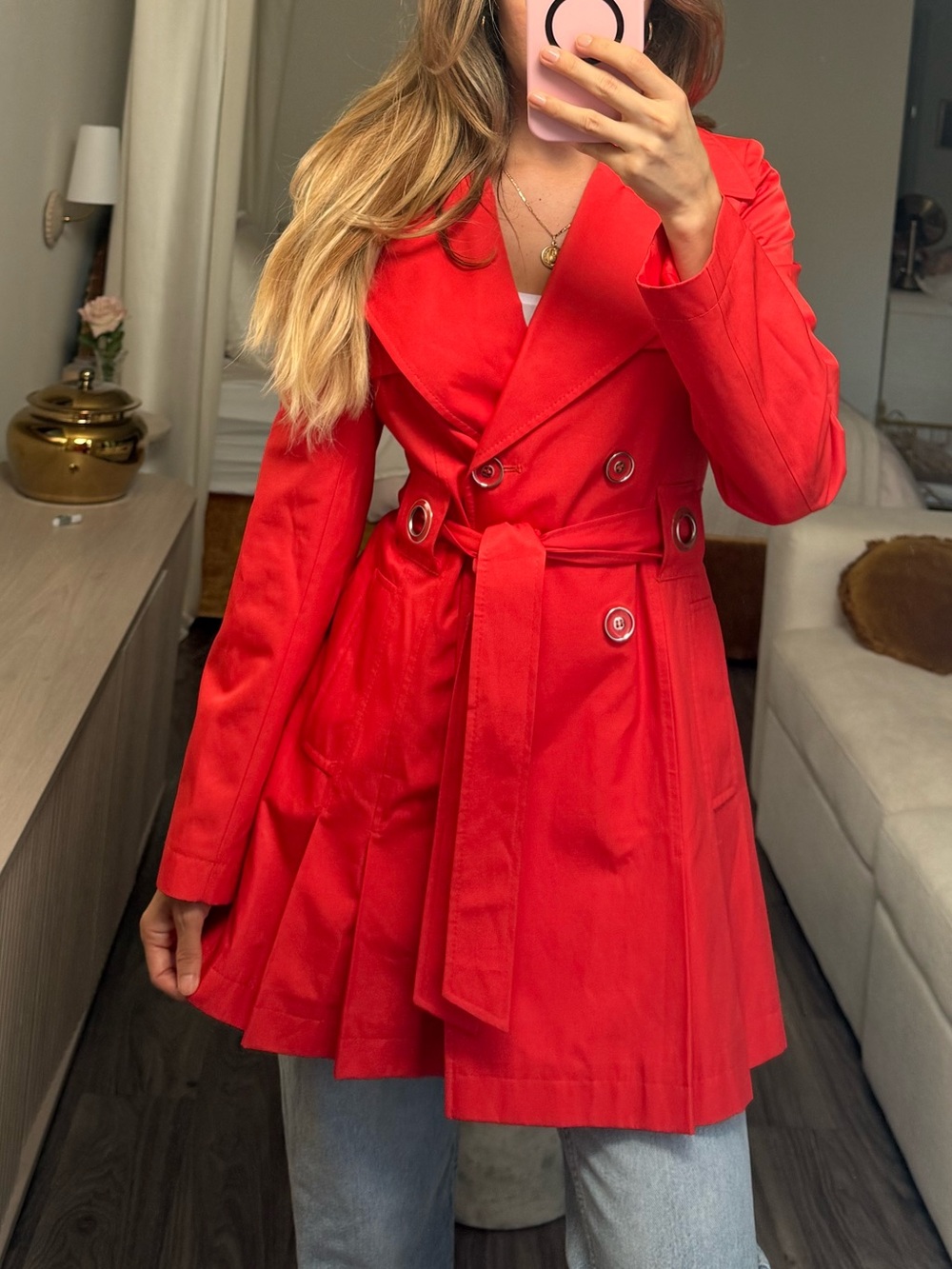 Via Spiga Red Fit & Flare Pleated Trench Coat Belted Double Breasted S